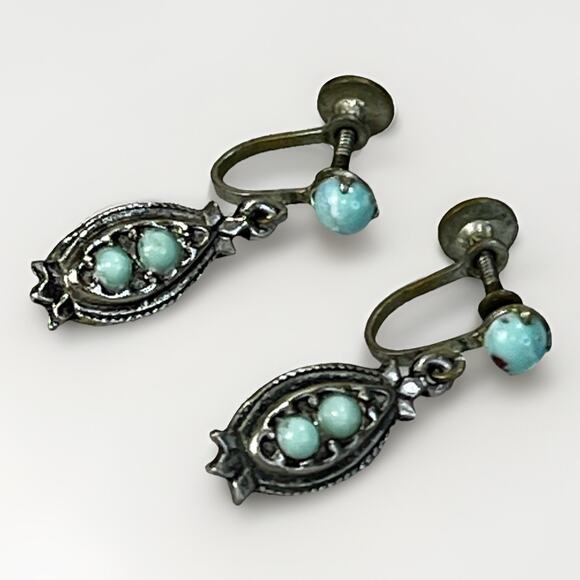 Turquoise Screwback Earring Set Vintage Dangle Silver Plated Southwestern Retro - Picture 4 of 12